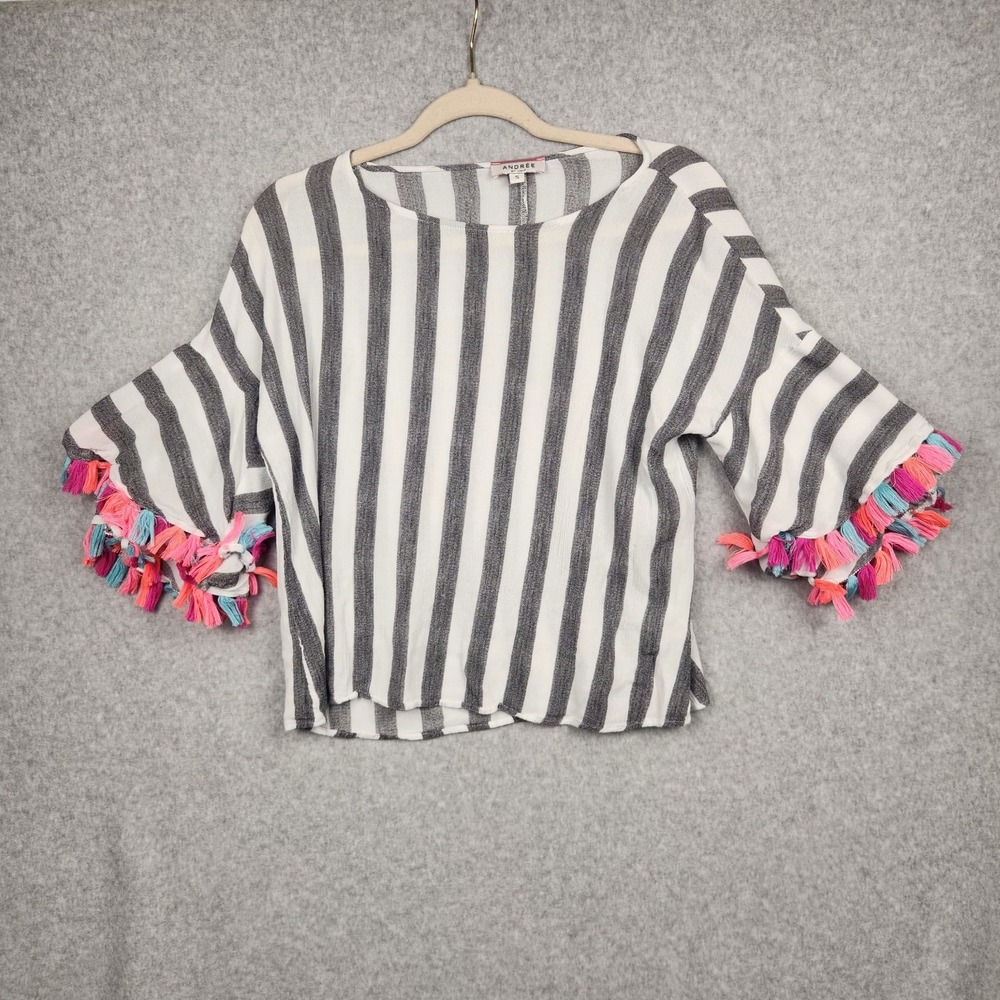 Andree By Unit Top Womens‎ Small Gray White Stripe Pink Layered Tassel Boho